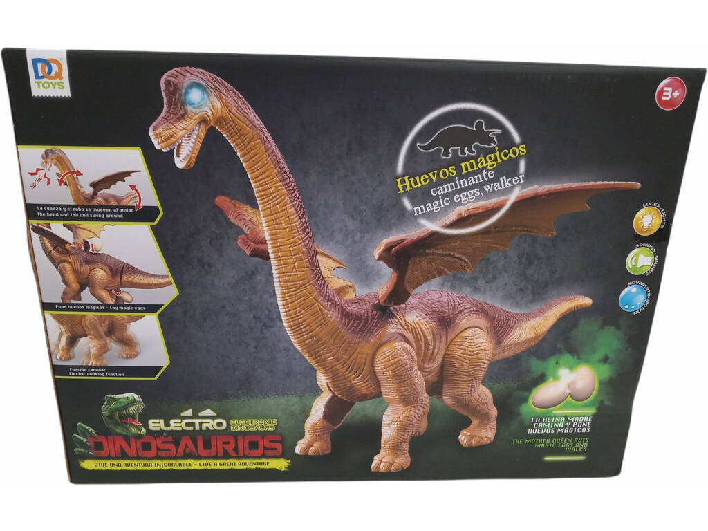 Dinosauro marrone camminatore con luce, suoni e 3 uova