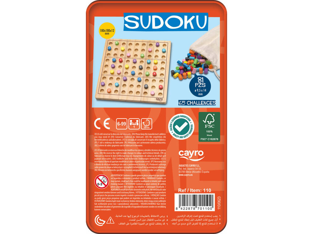 Sudoku en bois dans une boîte métallique avec 65 défis