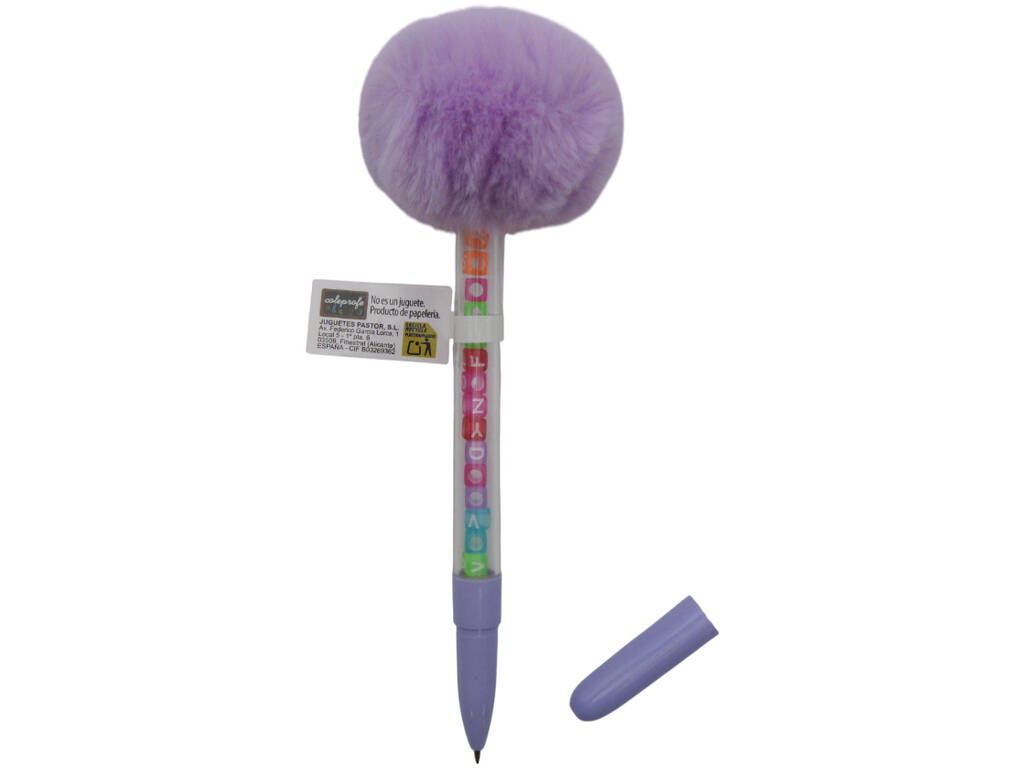 Stylo à bille bleu avec pompon et perles avec lettres 19 cm