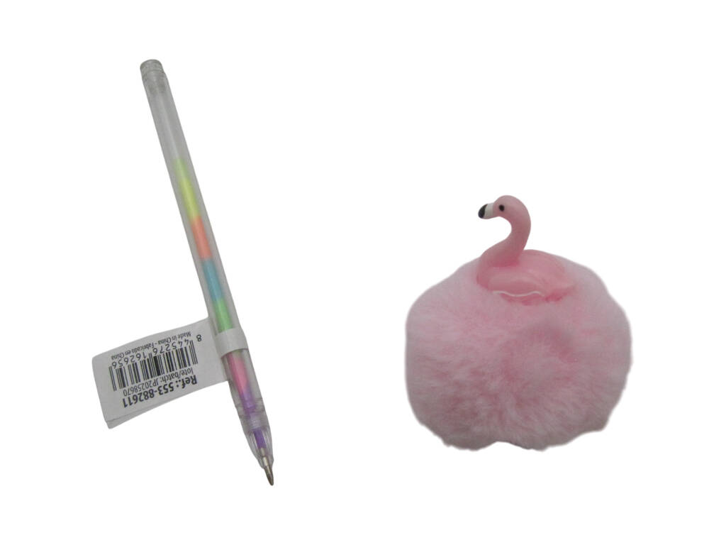 Stylo à bille multicolore avec pompon et flamant rose 19 cm