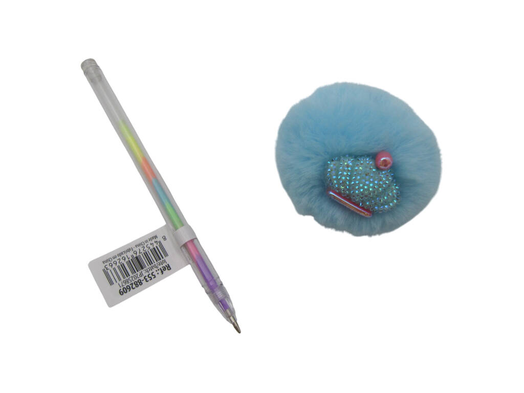 Stylo à bille multicolore avec pompon et couronne 17,5 cm