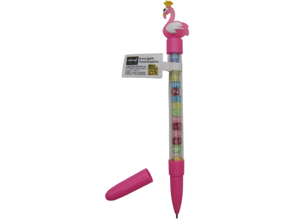 Stylo à bille bleu avec flamant rose et perles avec lettres 19,5 cm