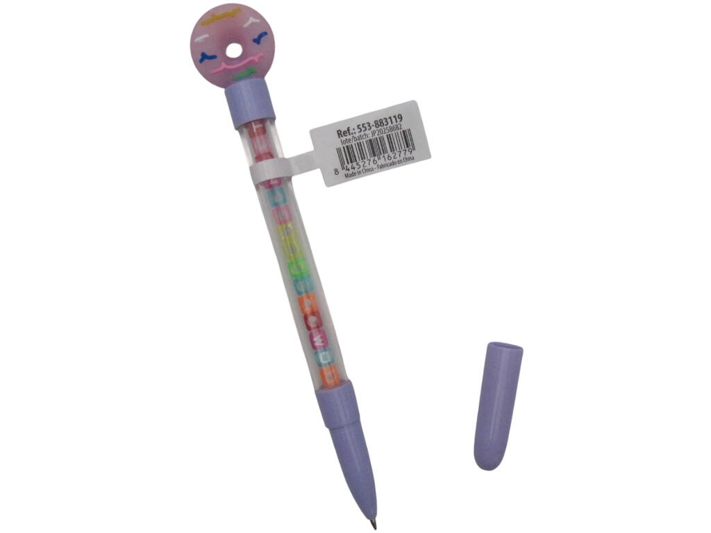 Stylo à bille bleu avec donut et perles avec lettres 18,5 cm