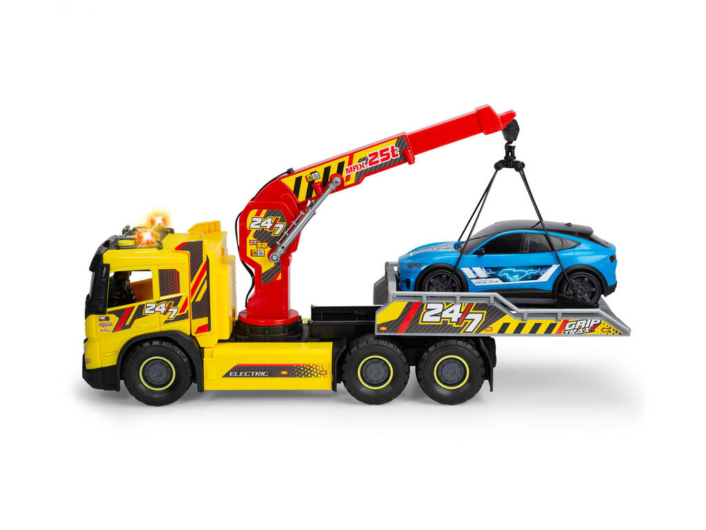 Camion grue Volvo de 55 cm avec lumières et sons et voiture Form Mustang de 25 cm